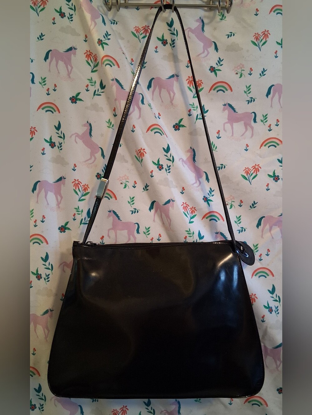 EUC Vintage Y2K Furla Black Patent Leather Casual Everyday Minimalist Purse Bag